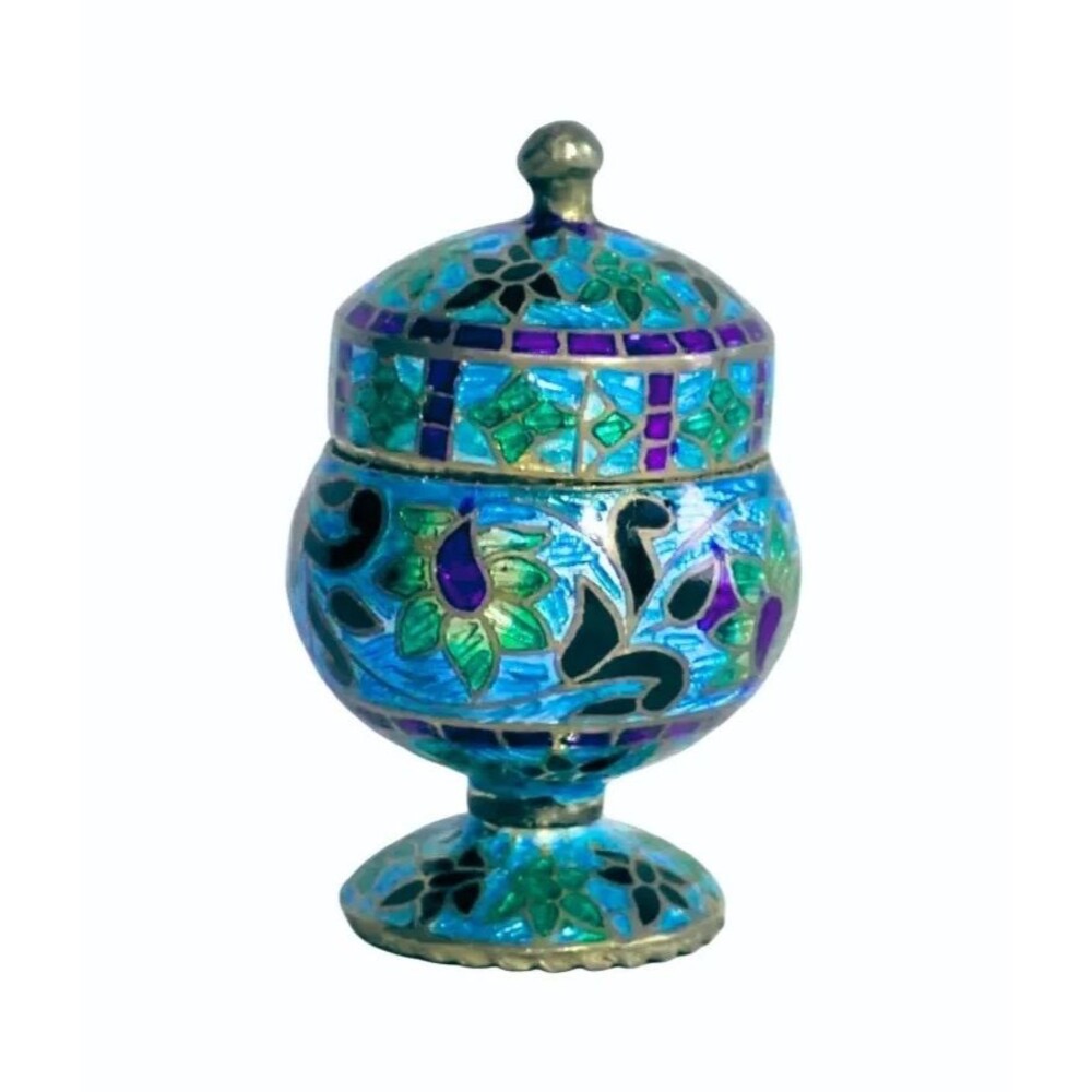 Sterling Silver Enamel Cloisonné Turquoise Cobalt Blue Green Trinket Pill Box 2"